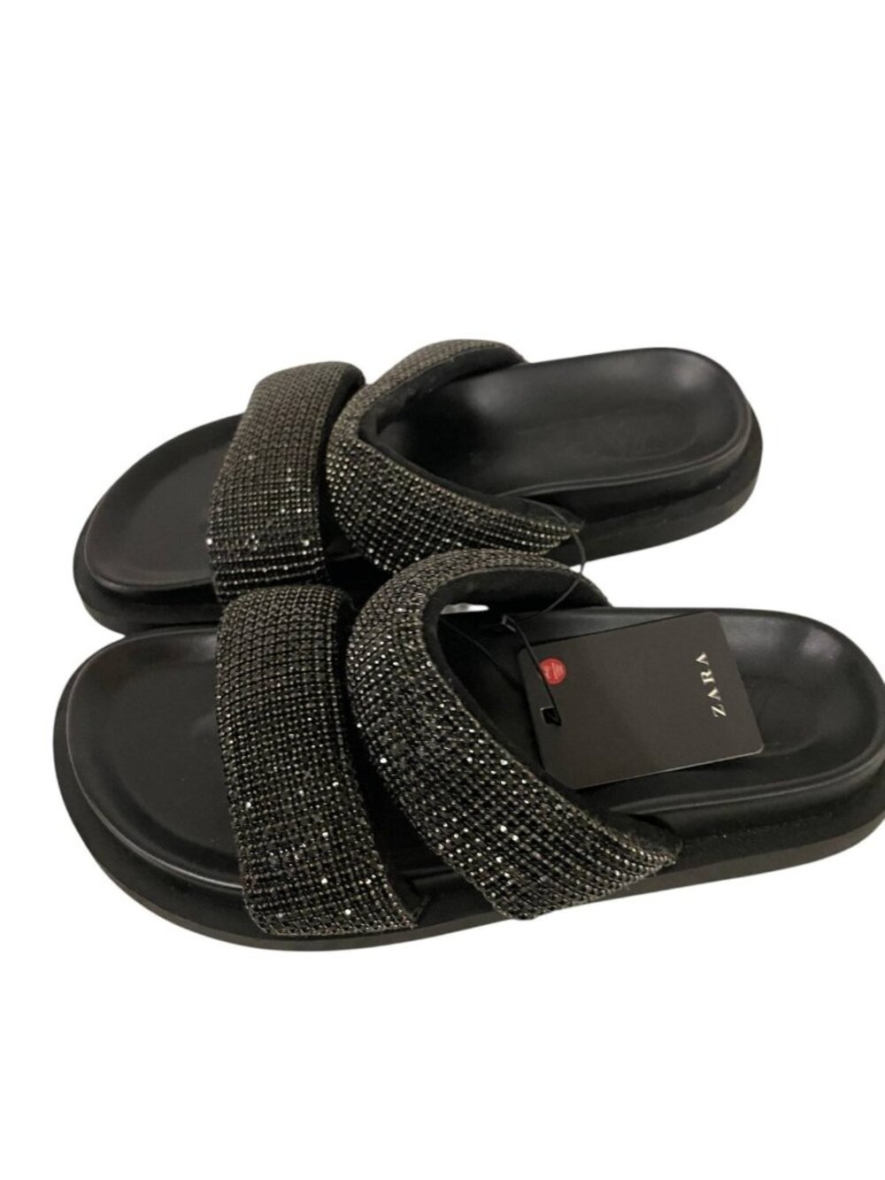 ZARA Black Rhinestone Double Strap Slide Sandals EU 36 US 6 3661/110 New